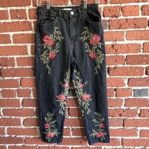Topshop Moto Black Rose Embroidered Mom Jeans